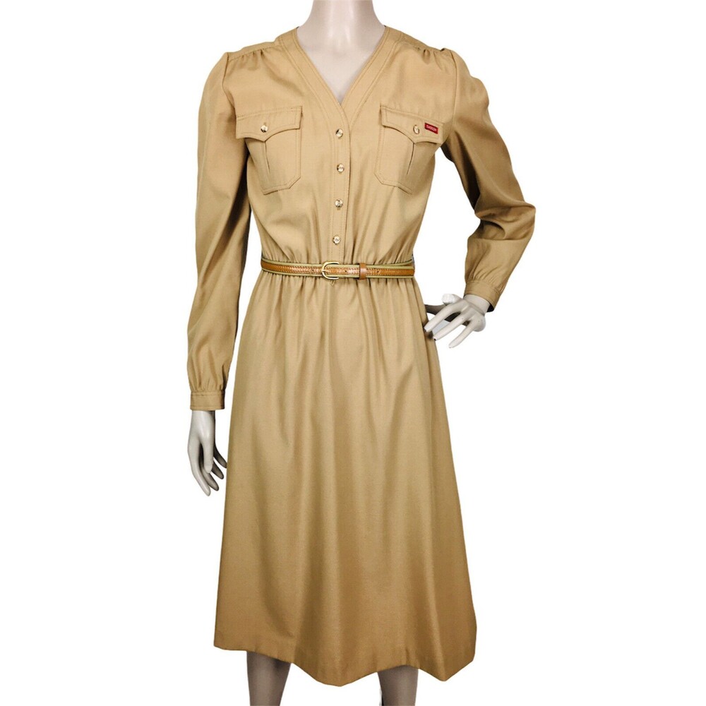 VTG 70's SASSON Tan Belted Button-Front Rockabilly Western Cowgirl Dress S/M